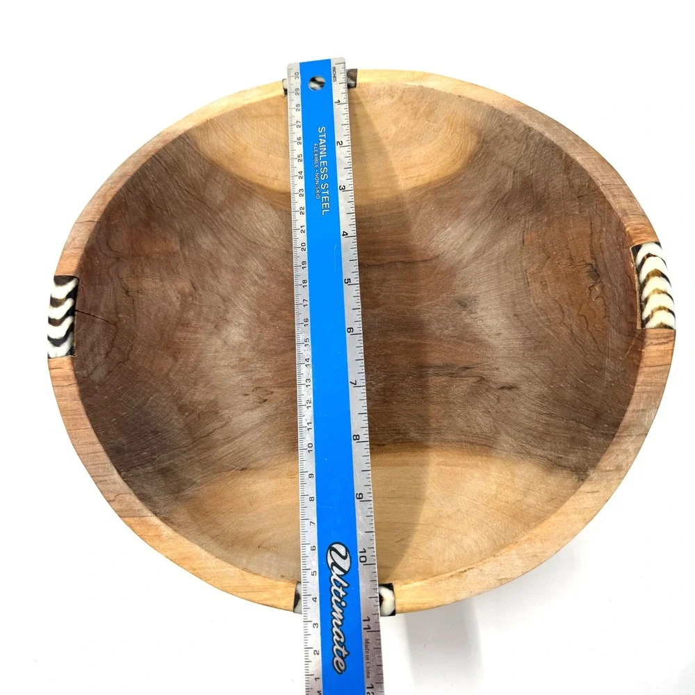 Hand Carved Wooden Bowl with Zebra Pattern Bone Inlay Tribal Boho Decor 11.5 x3